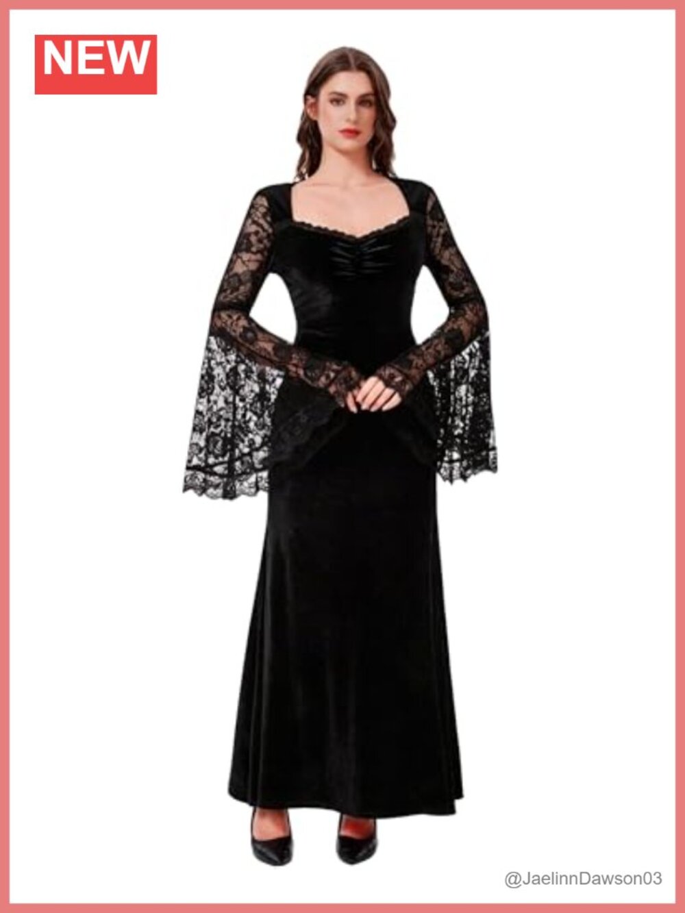 Gothic Velvet Lace Long Sleeve V-Neck Maxi Dress Halloween Party